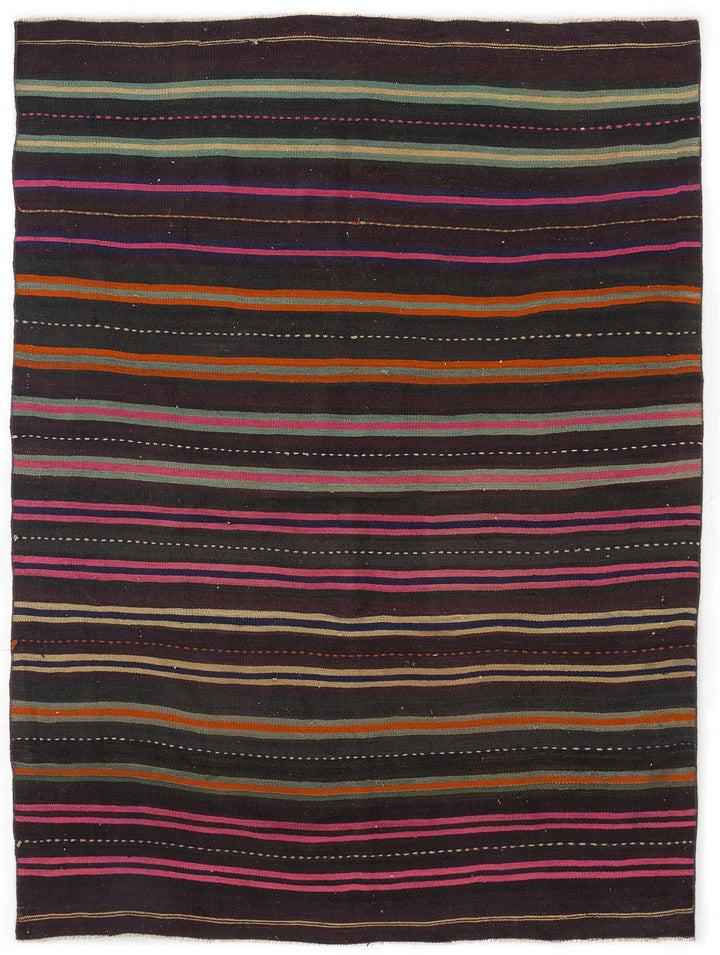 Cretan Brown Striped Wool Hand-Woven Carpet 153 x 202