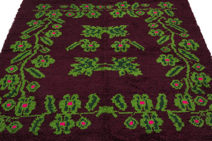 Cretan Purple Floral Wool Hand-Woven Carpet 154 x 210
