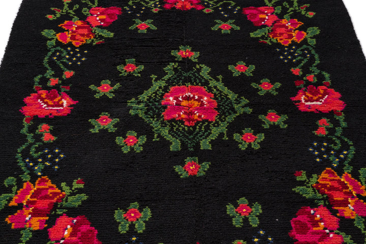 Cretan Black Floral Wool Hand-Woven Rug 141 x 210