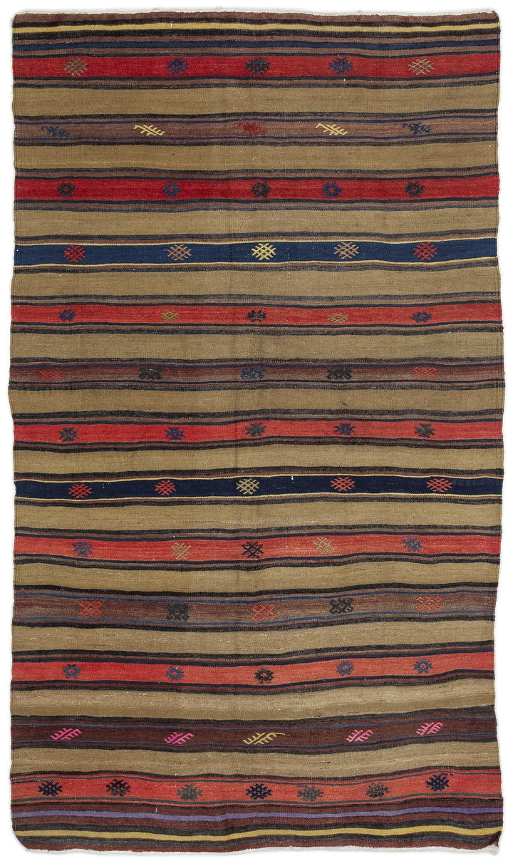 Cretan Brown Striped Wool Hand-Woven Carpet 130 x 218