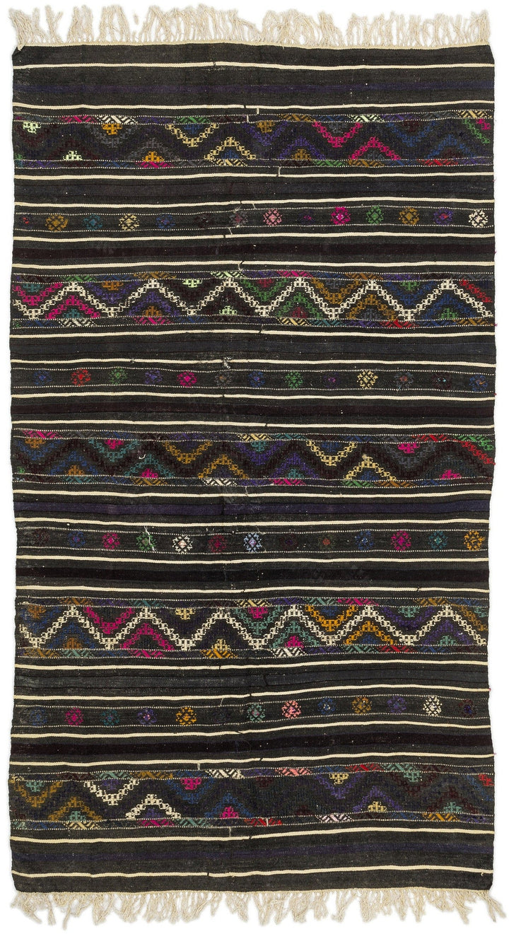 Cretan Gray Striped Wool Hand-Woven Carpet 125 x 222