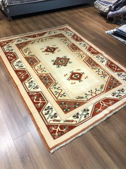 Antique Anatolian Milas Rectangle Kilim Rug (5.90 ft. X 8.20 ft.) (180 cm x 250 cm) - Handwoven Vintage Rug in Beige and Red with Border