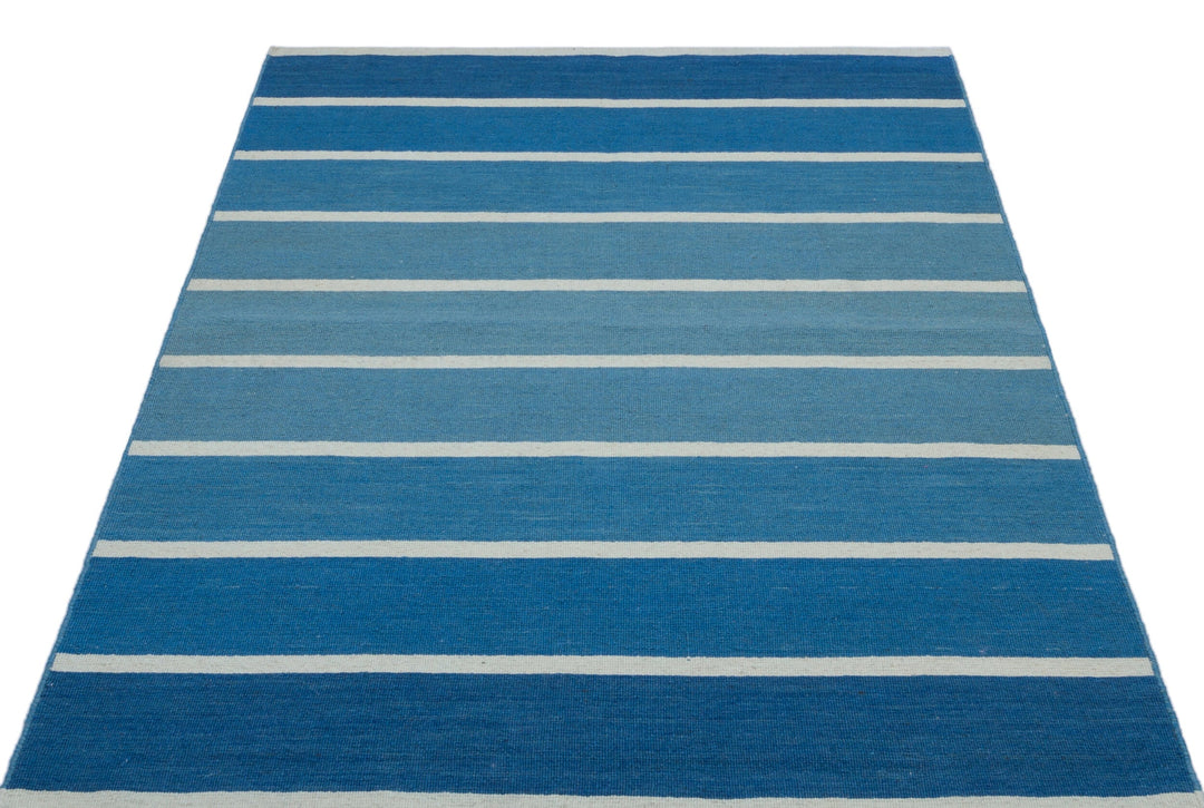 Cretan Blue Striped Wool Hand-Woven Carpet 123 x 178