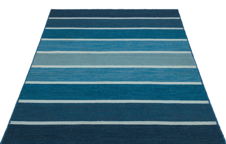 Cretan Blue Striped Wool Hand-Woven Carpet 126 x 173