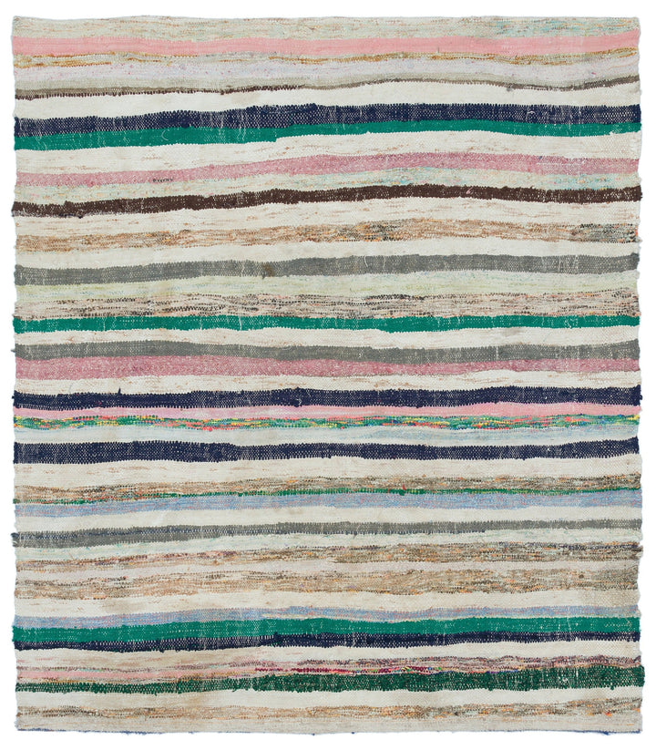 Cretan Beige Striped Wool Hand-Woven Carpet 142 x 163