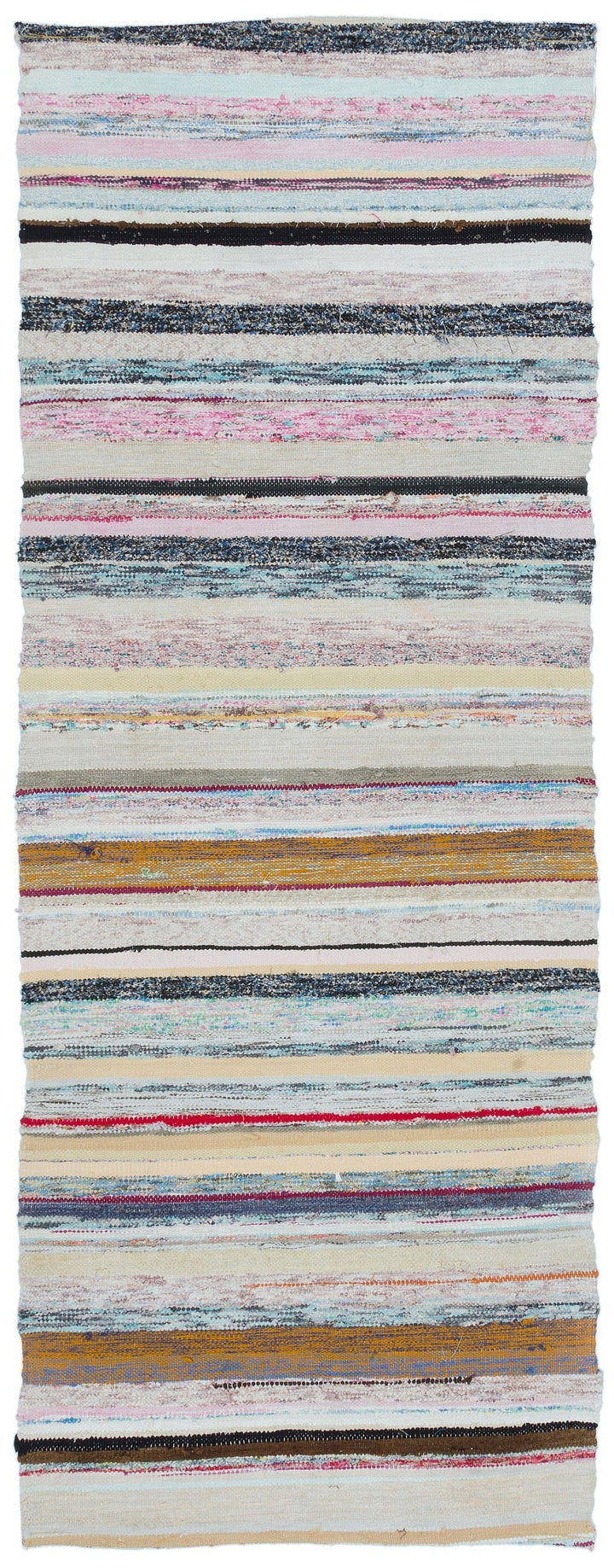 Cretan Beige Striped Wool Hand-Woven Carpet 076 x 201