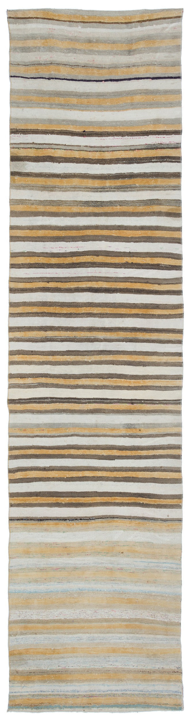 Cretan Beige Striped Wool Hand Woven Carpet 095 x 368
