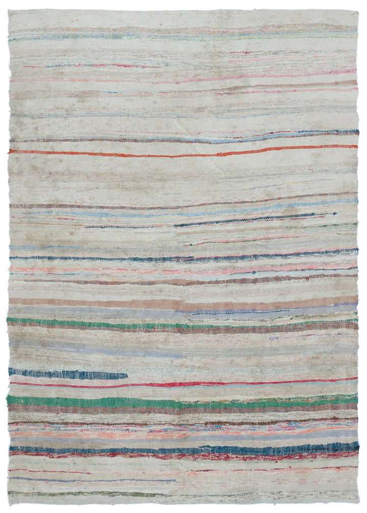 Cretan Beige Striped Wool Hand-Woven Carpet 161 x 214