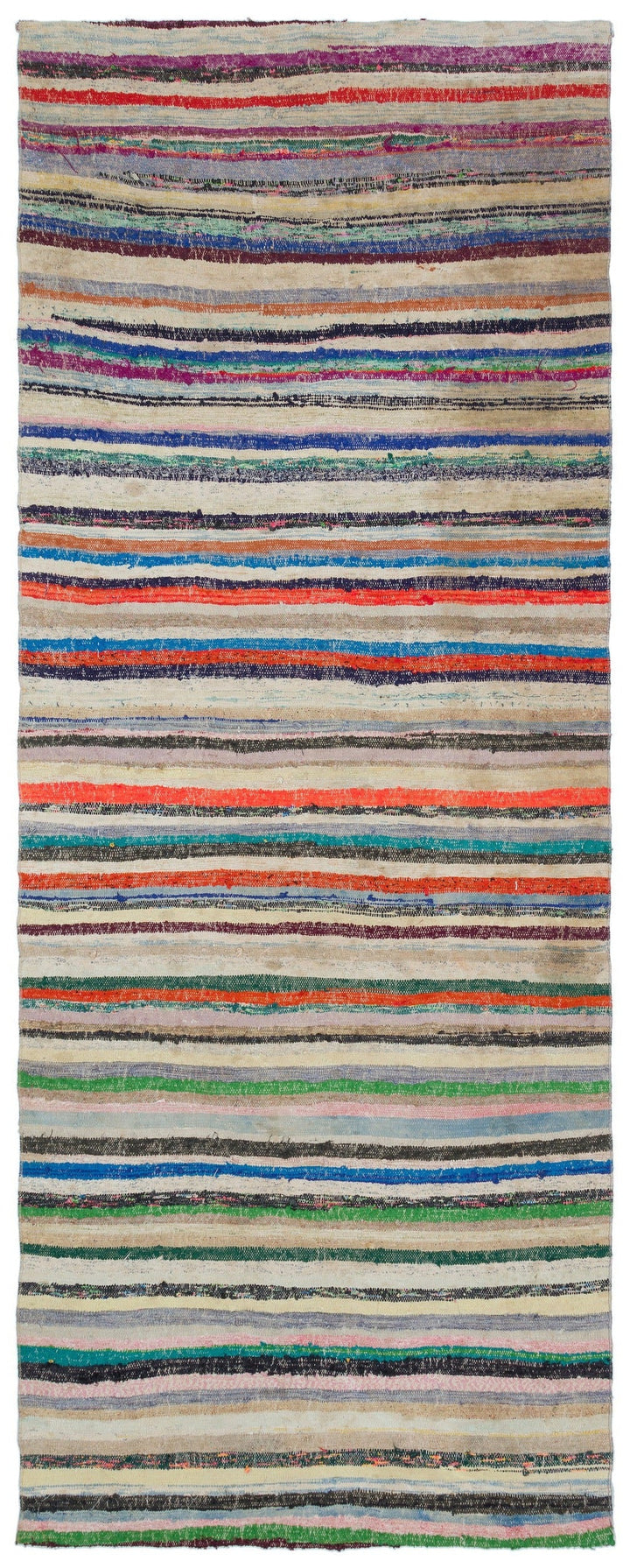 Cretan Beige Striped Wool Hand-Woven Rug 131 x 340
