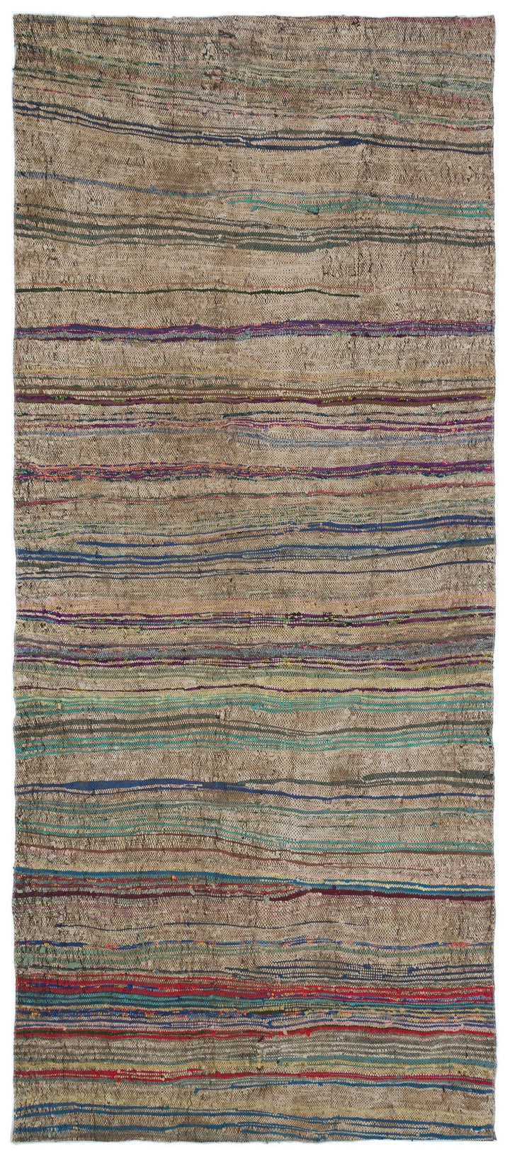 Cretan Beige Striped Wool Hand-Woven Carpet 143 x 340