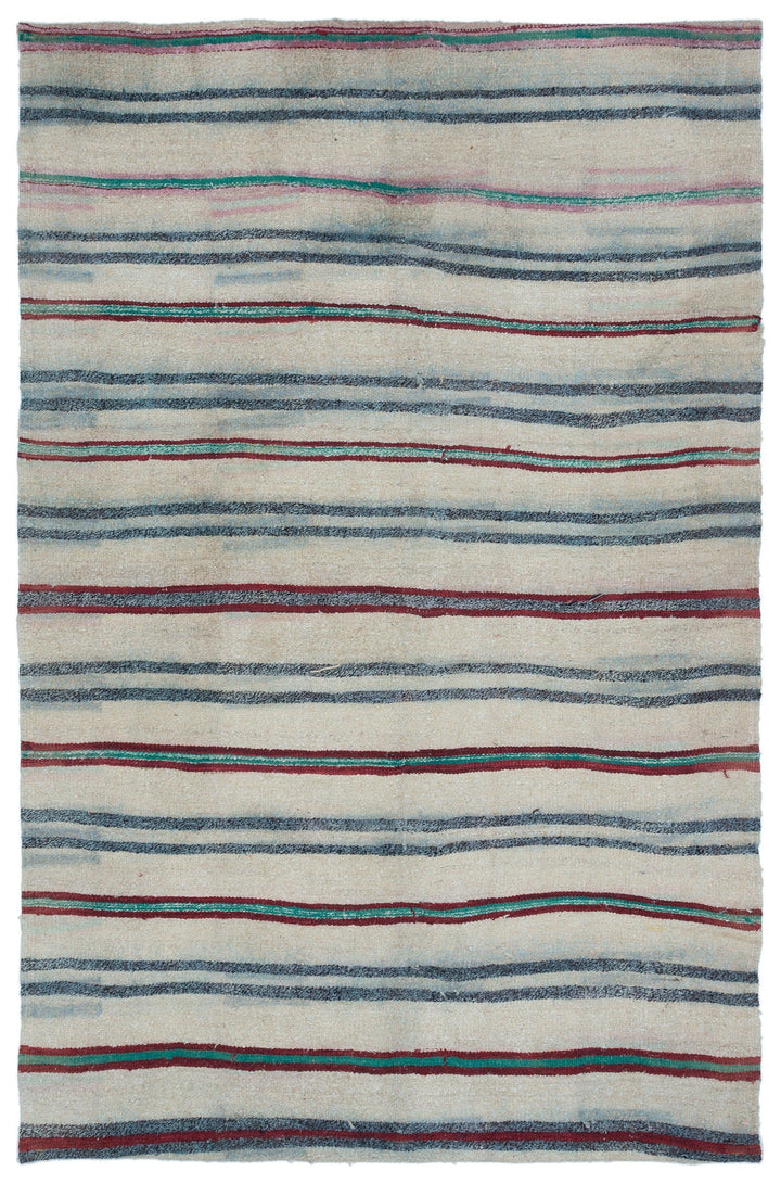 Cretan Beige Striped Wool Hand-Woven Carpet 164 x 255