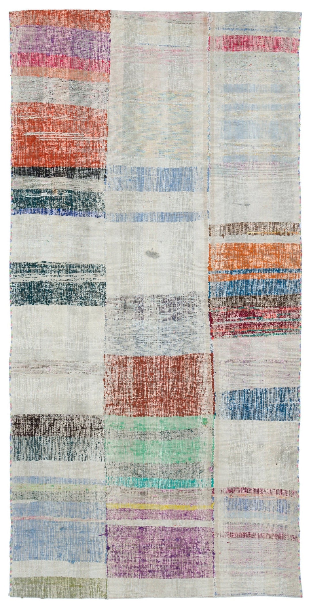 Cretan White Striped Wool Hand-Woven Carpet 130 x 262