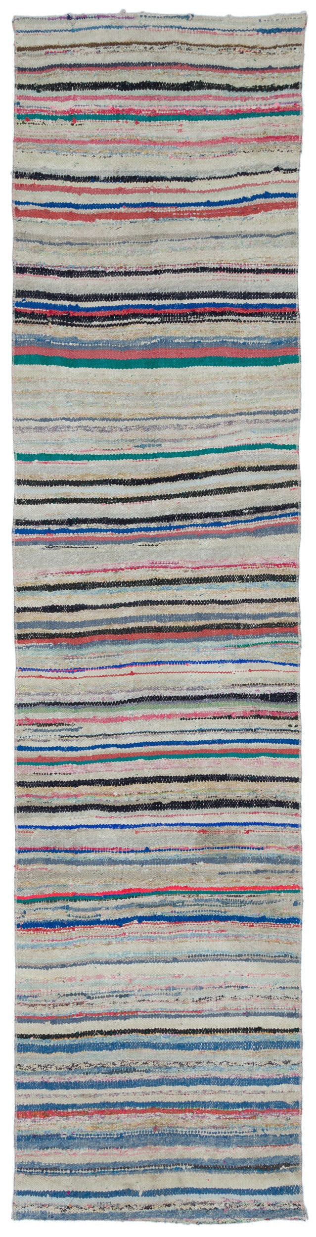 Cretan Beige Striped Wool Hand Woven Carpet 075 x 310