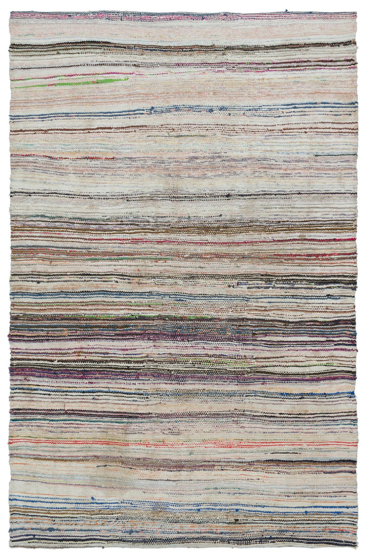Cretan Beige Striped Wool Hand Woven Carpet 162 x 247