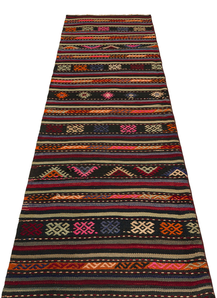 Cretan Brown Striped Wool Hand-Woven Carpet 081 x 266