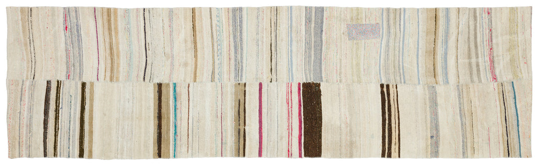 Cretan Beige Striped Wool Hand-Woven Carpet 102 x 345