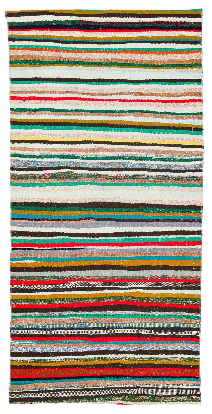 Cretan White Striped Wool Hand-Woven Carpet 105 x 217