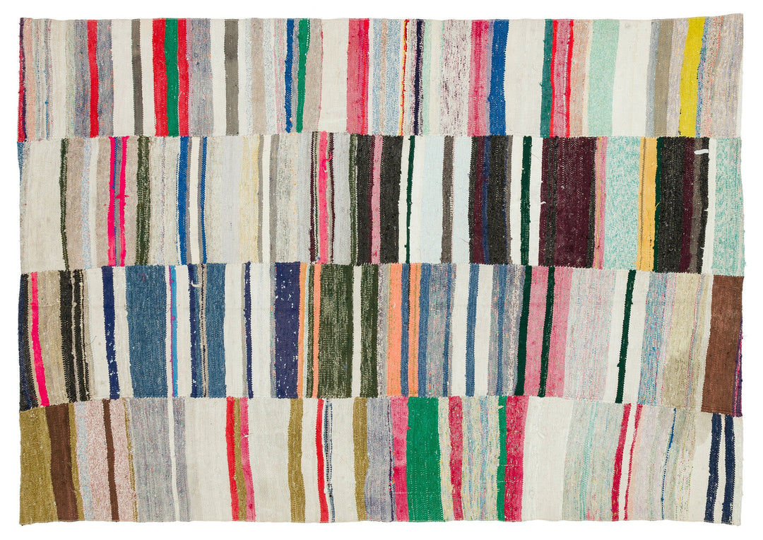 Cretan Beige Striped Wool Hand-Woven Carpet 182 x 263