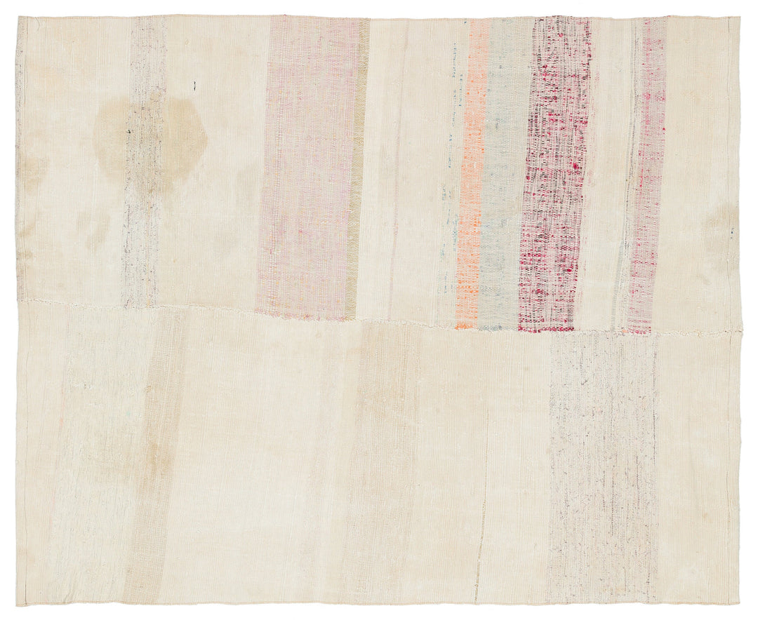 Cretan Beige Striped Wool Hand-Woven Carpet 156 x 196