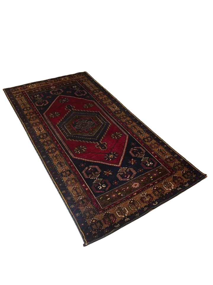 Handmade Turkish Rug (3.77 ft. X 7.54 ft.) (115 cm x 230 cm) - Soft Wool Original Yahyali Rug, Housewarming Gift, Blue and Red Rug