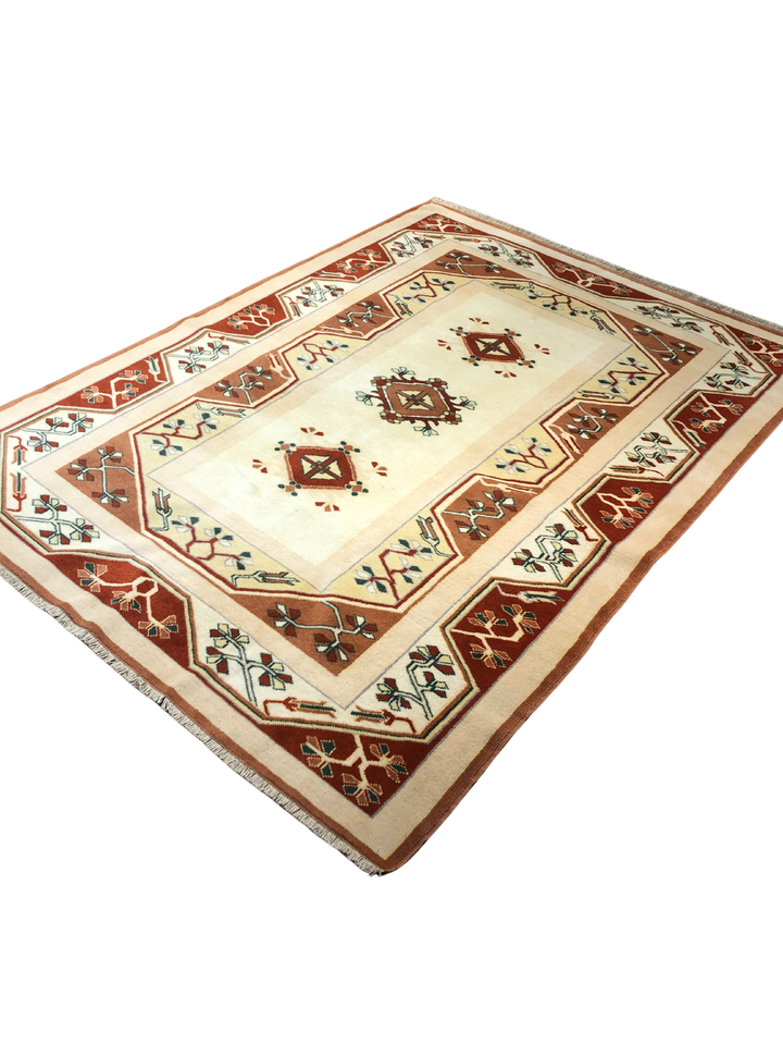 Antique Anatolian Milas Rectangle Kilim Rug (5.90 ft. X 8.20 ft.) (180 cm x 250 cm) - Handwoven Vintage Rug in Beige and Red with Border