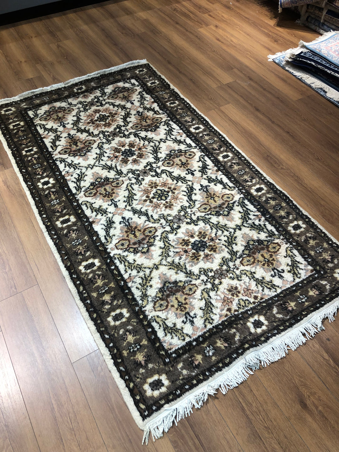 Antique Handwoven Turkish Kilim Rug (3.93 ft. X 7.21 ft.) (120 cm x 220 cm) - Vintage Brown and Beige Floral Design