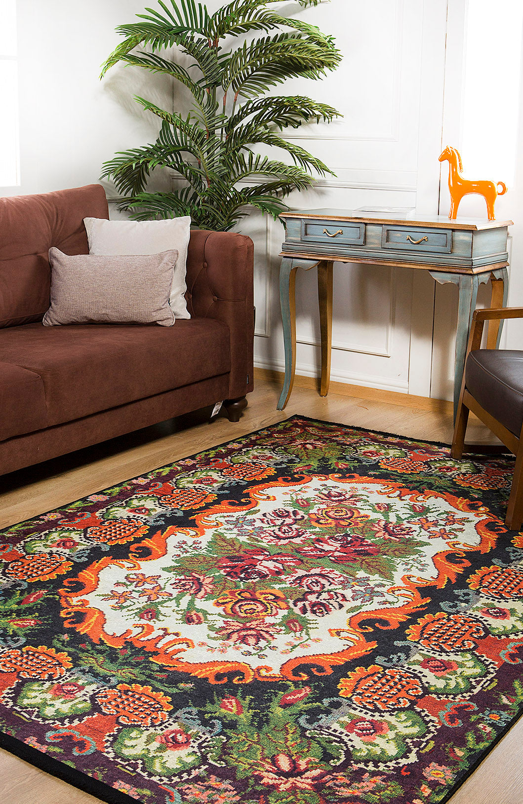 Floral Black Multicolor Machine-Washable Rug ARH151