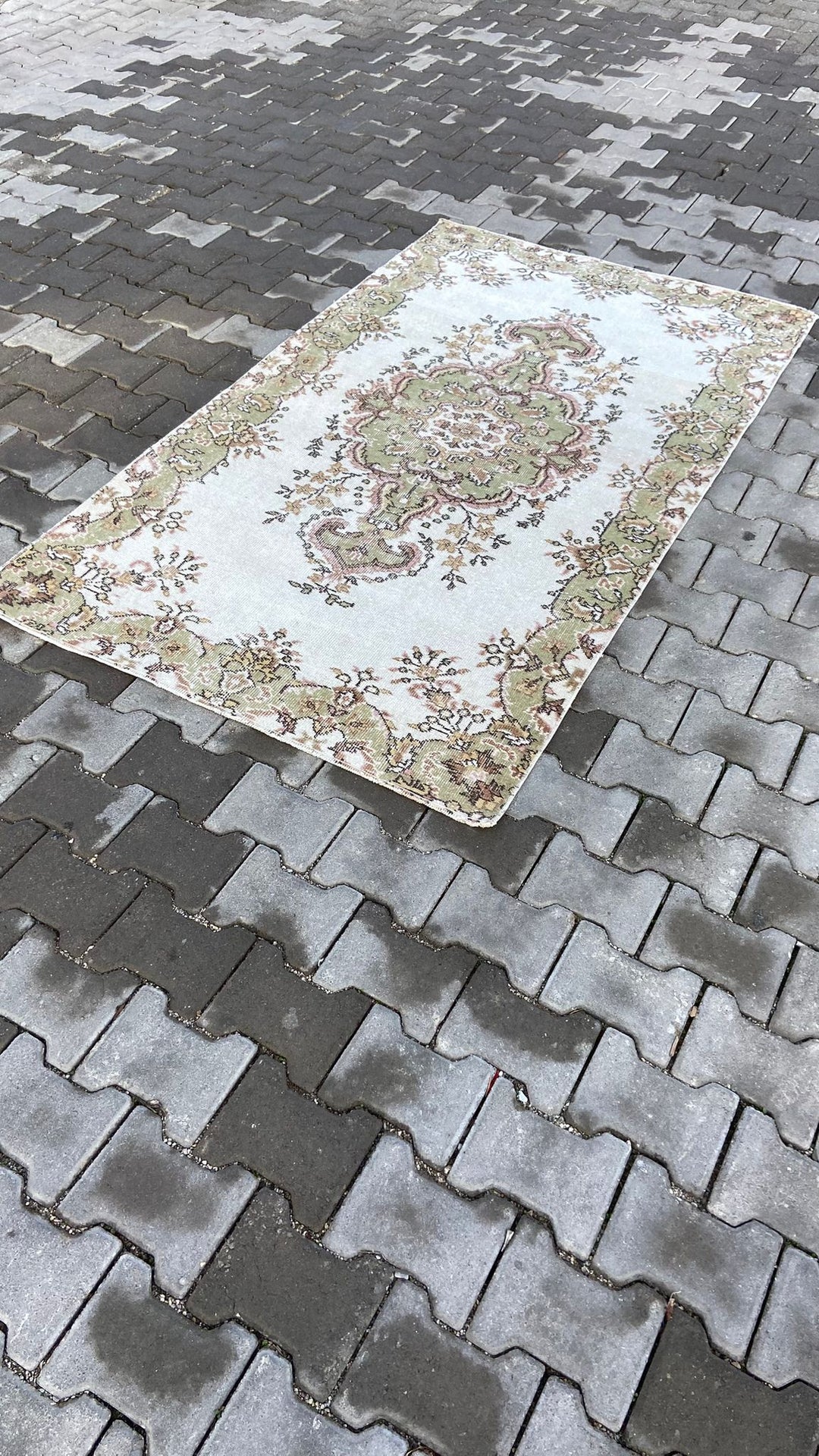 Light green and beige vintage floral handmade carpet