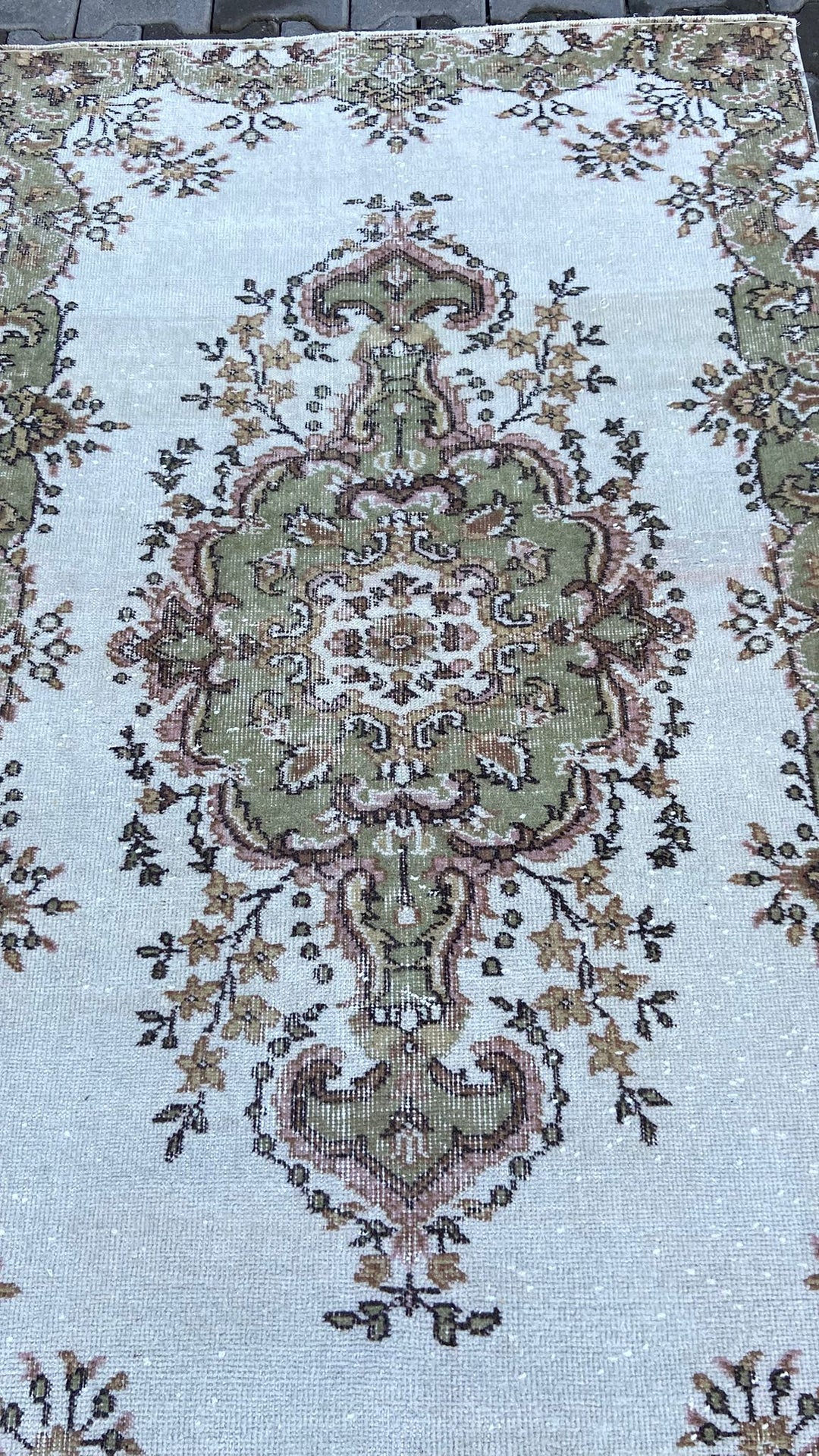 Light green and beige vintage floral handmade carpet