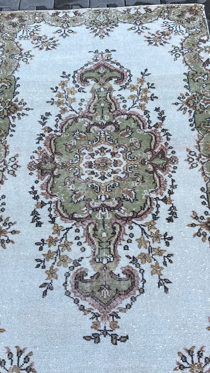 Light green and beige vintage floral handmade carpet