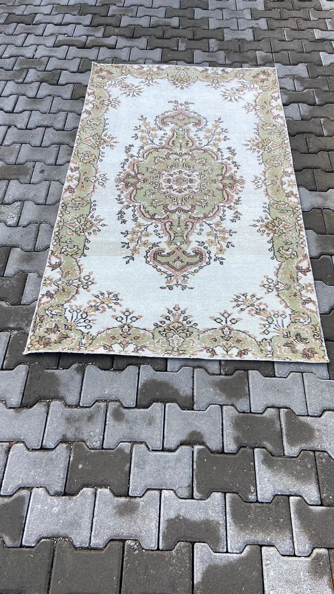 Light green and beige vintage floral handmade carpet