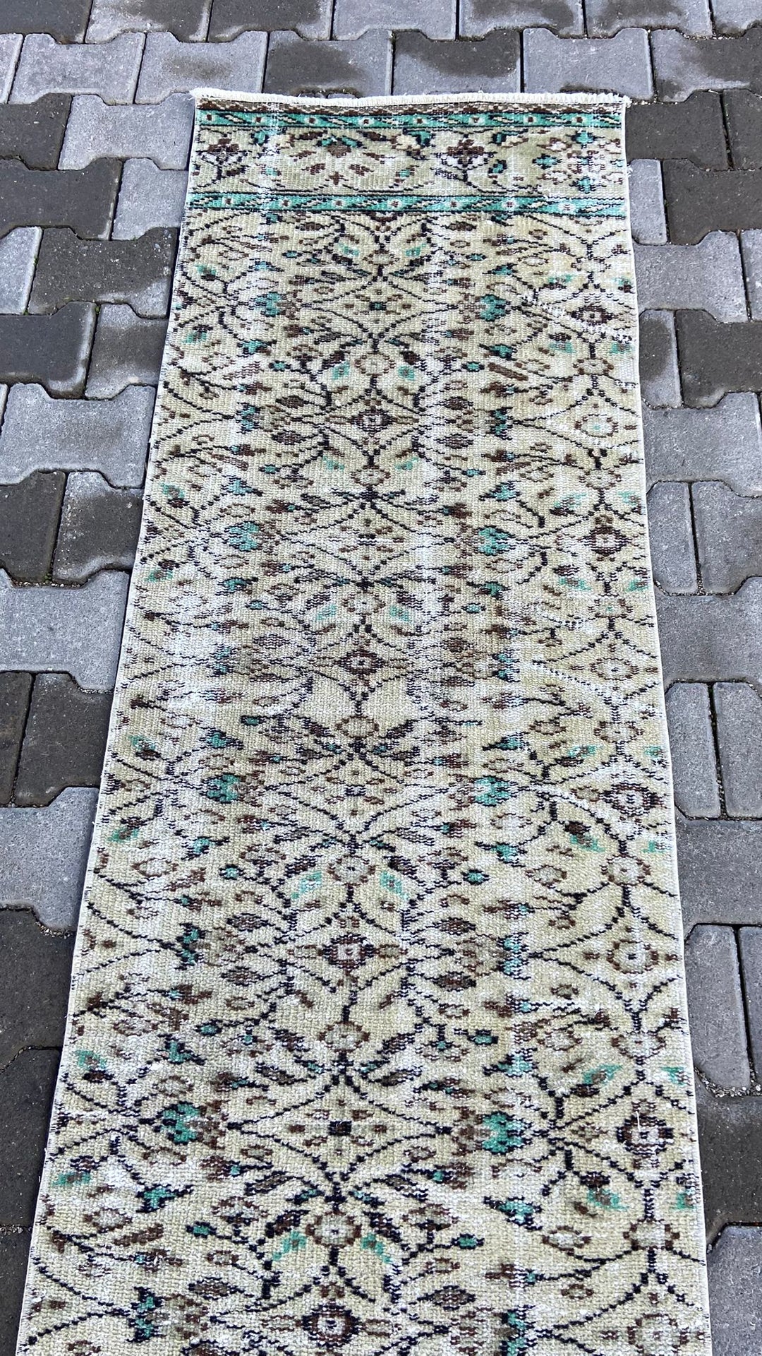 Green Beige Vintage Turkish Runner