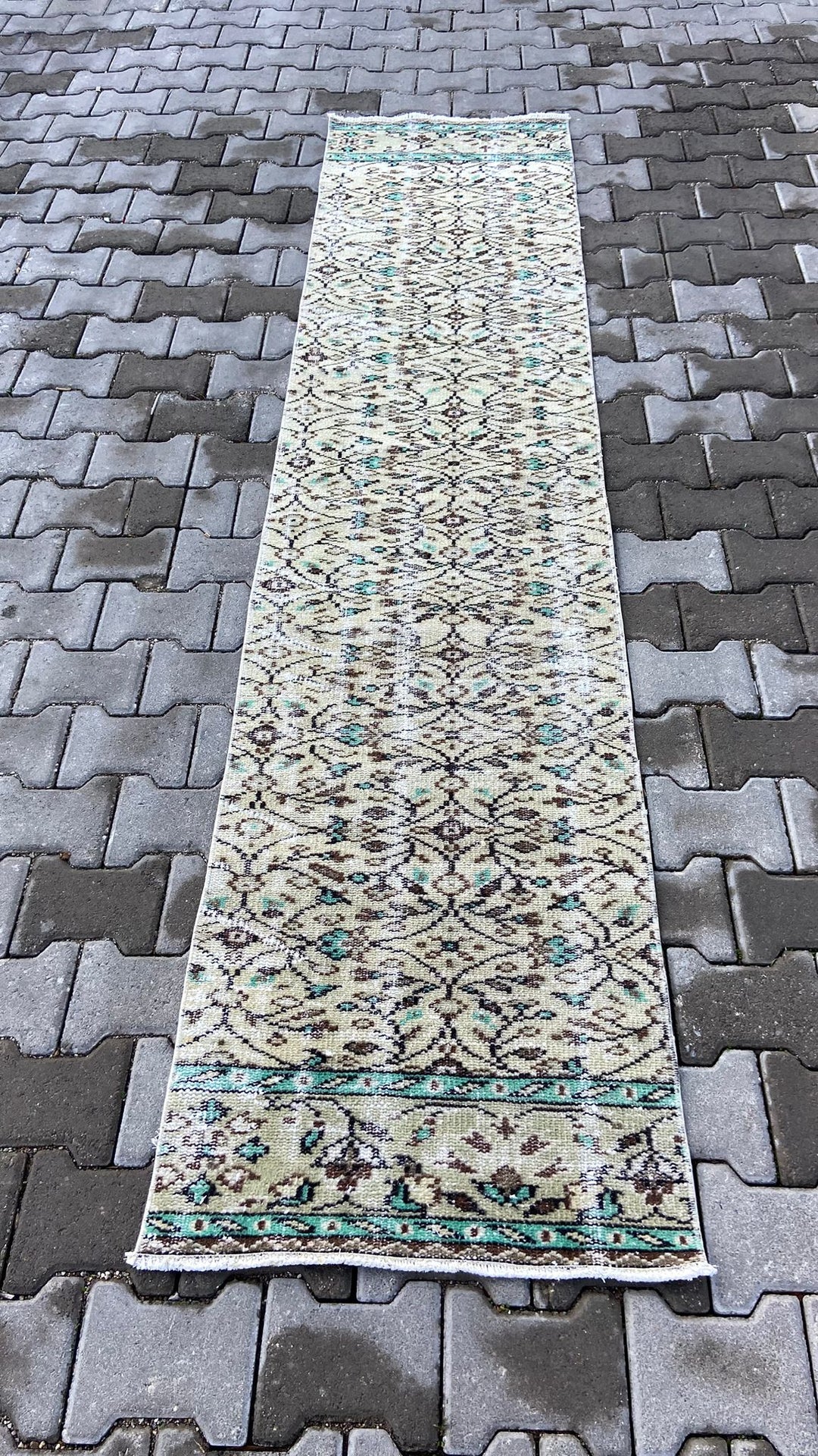 Green Beige Vintage Turkish Runner