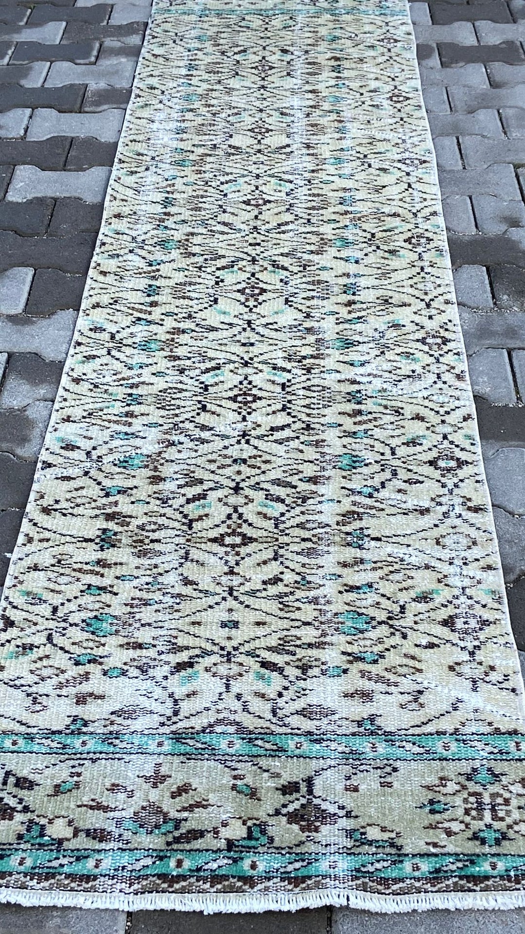 Green Beige Vintage Turkish Runner