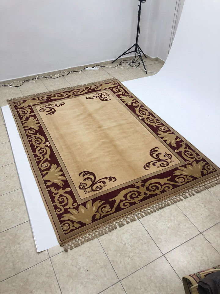 Cream Beige Claret Red Oushak Handmade Rug