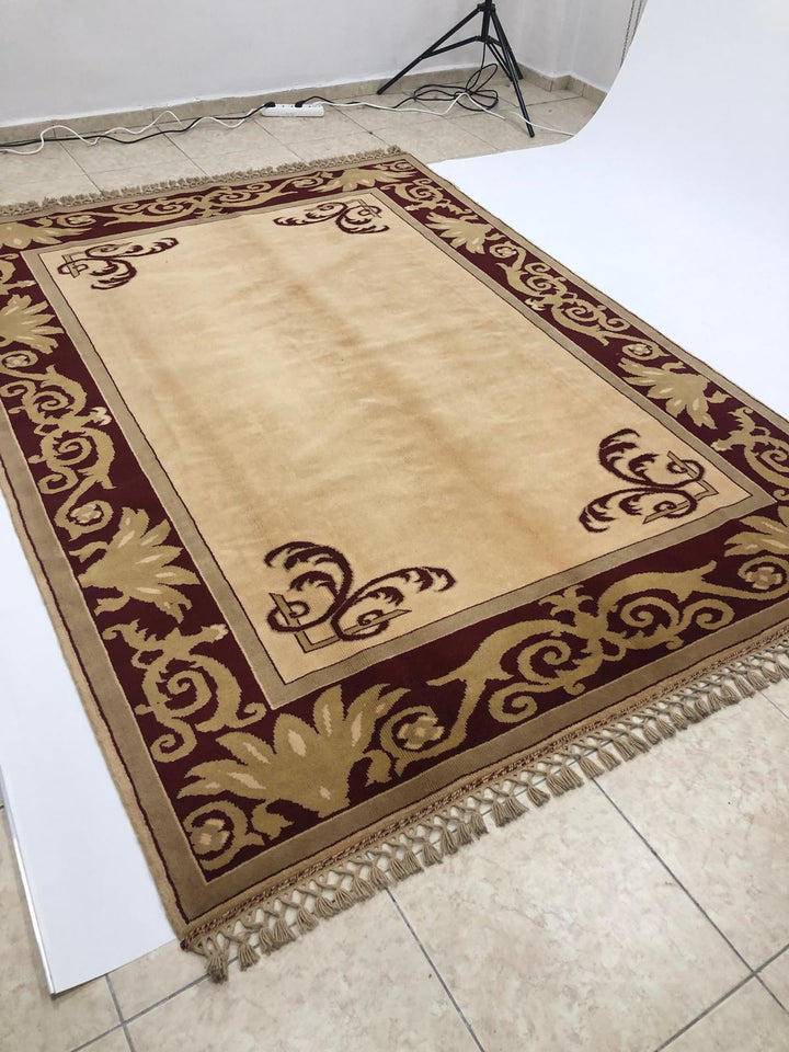 Cream Beige Claret Red Oushak Handmade Rug