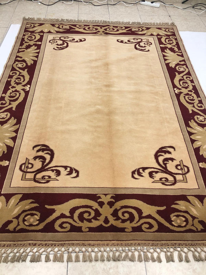 Cream Beige Claret Red Oushak Handmade Rug