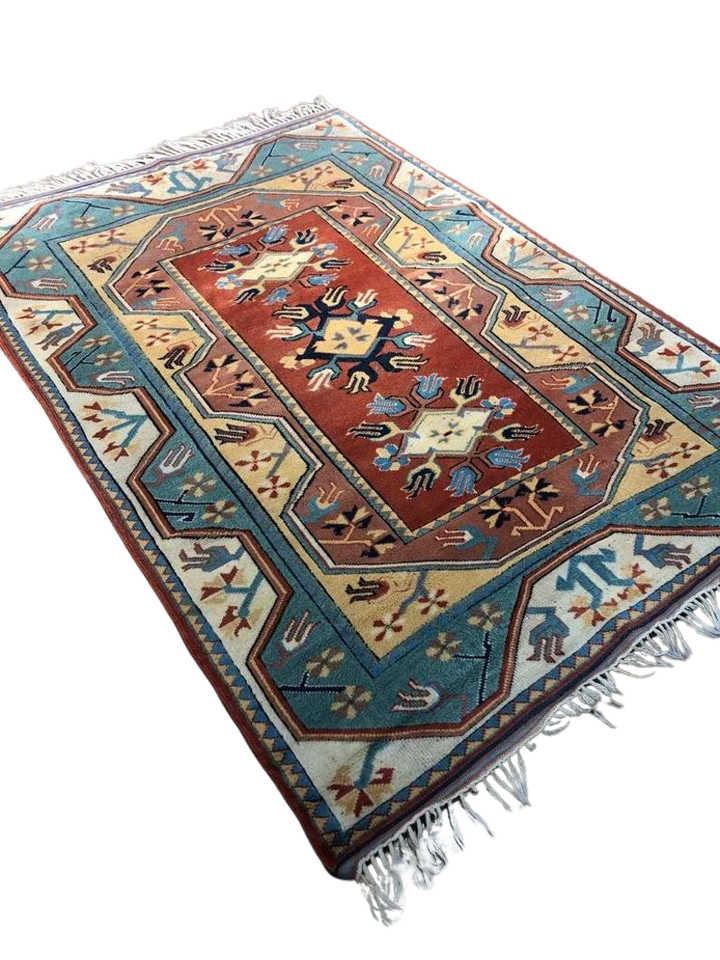 Antique Anatolian Milas Rectangle Rug (5.24 ft. X 7.70 ft.) (160 cm x 235 cm) - Handwoven Vintage Kilim in Red, Blue, and Floral Design