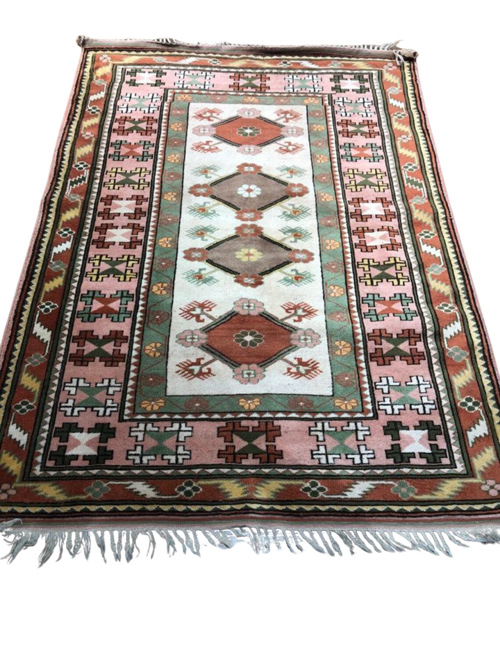 Antique Anatolian Milas Rectangle Rug (4.92 ft. X 6.56 ft.) (150 cm x 200 cm) - Handwoven Vintage Kilim in Vibrant Pink and Red with Geometric Design