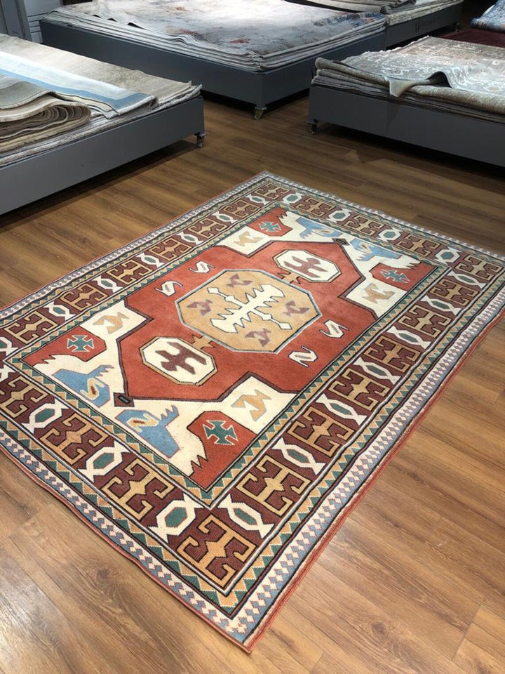 Antique Anatolian Afyon Basmakci Kilim Rug (6.23 ft. X 8.03 ft.) (190 cm x 245 cm)  - Handwoven Vintage Wool Rug