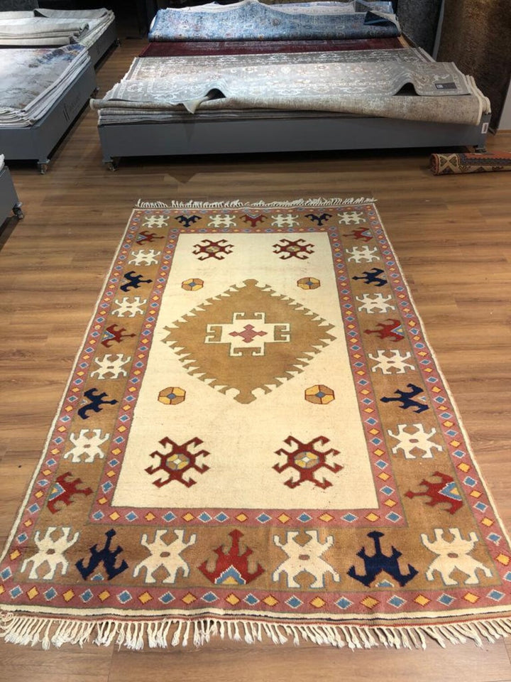 Antique Anatolian Afyon Basmakci Yoruk Rug (5.74 ft. X 9.18 ft.) (175 cm x 280 cm) - Handwoven Vintage Wool Rug