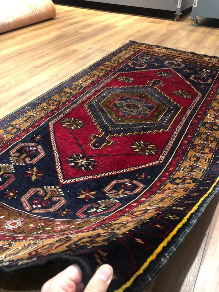 Handmade Turkish Rug (3.77 ft. X 7.54 ft.) (115 cm x 230 cm) - Soft Wool Original Yahyali Rug, Housewarming Gift, Blue and Red Rug