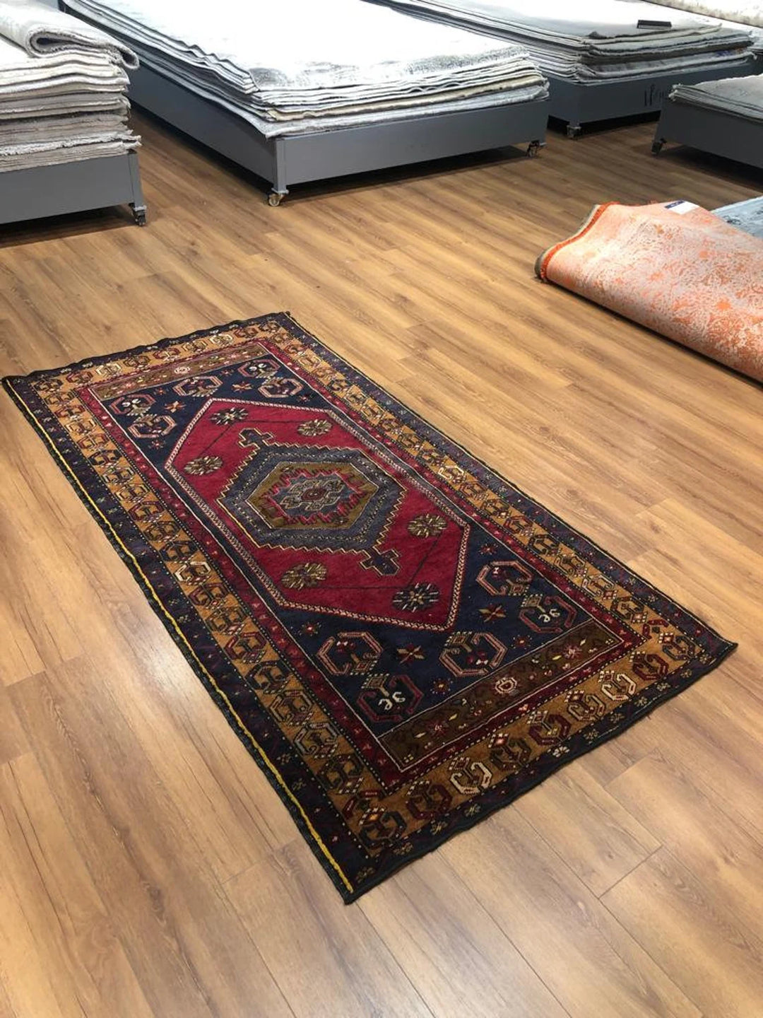 Handmade Turkish Rug (3.77 ft. X 7.54 ft.) (115 cm x 230 cm) - Soft Wool Original Yahyali Rug, Housewarming Gift, Blue and Red Rug