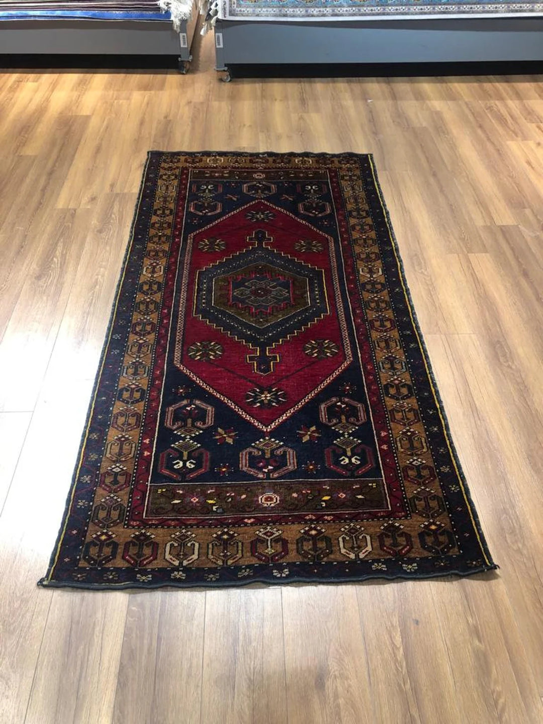 Handmade Turkish Rug (3.77 ft. X 7.54 ft.) (115 cm x 230 cm) - Soft Wool Original Yahyali Rug, Housewarming Gift, Blue and Red Rug