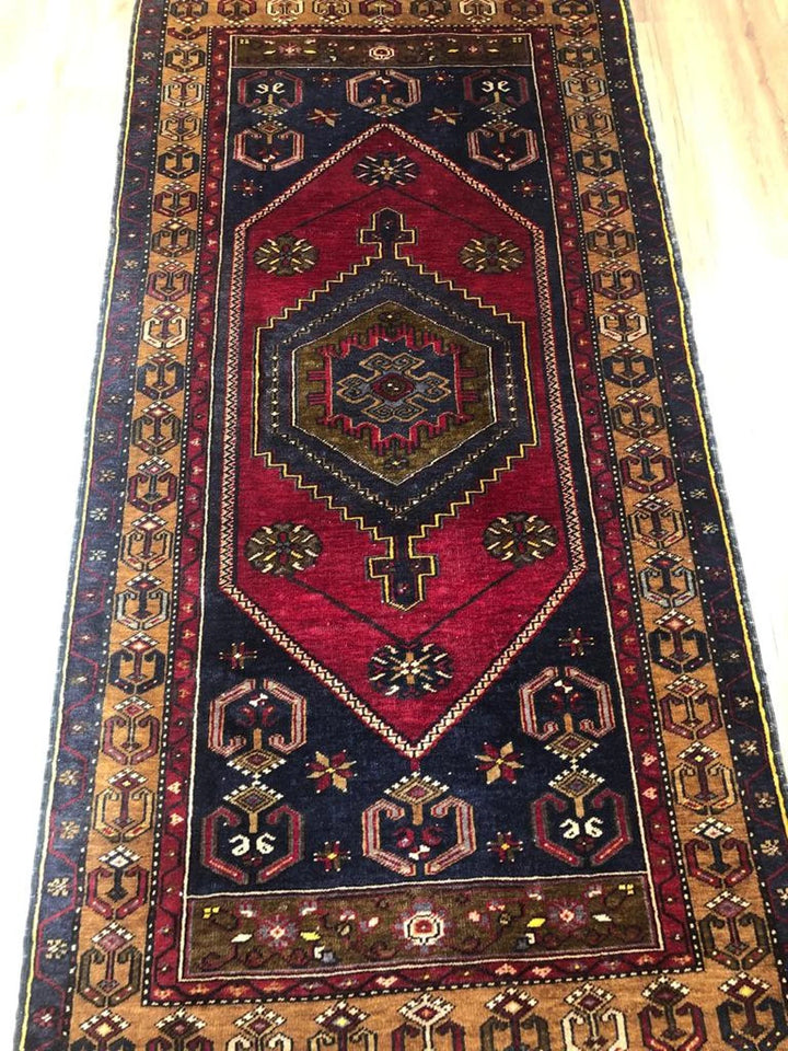 Handmade Turkish Rug (3.77 ft. X 7.54 ft.) (115 cm x 230 cm) - Soft Wool Original Yahyali Rug, Housewarming Gift, Blue and Red Rug