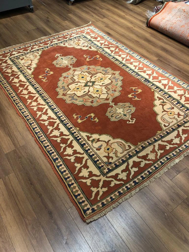 Antique Handwoven Red Yörük Medallion Kilim Rug (5.90 ft. X 8.20 ft.) (180 cm x 250 cm) - Bordered Oriental Turkish Salon Rug