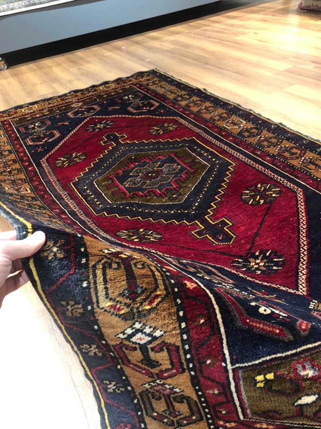 Handmade Turkish Rug (3.77 ft. X 7.54 ft.) (115 cm x 230 cm) - Soft Wool Original Yahyali Rug, Housewarming Gift, Blue and Red Rug