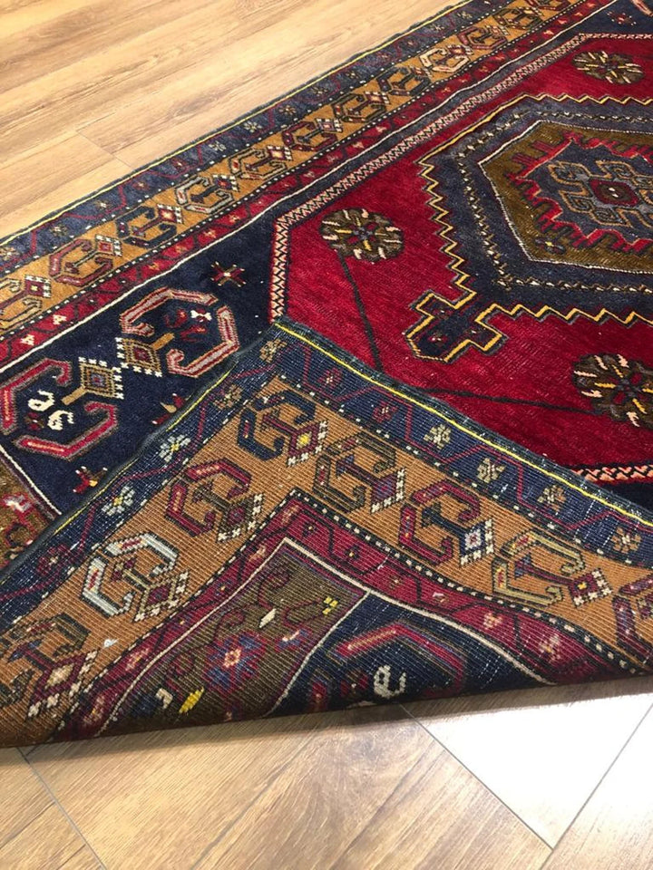 Handmade Turkish Rug (3.77 ft. X 7.54 ft.) (115 cm x 230 cm) - Soft Wool Original Yahyali Rug, Housewarming Gift, Blue and Red Rug