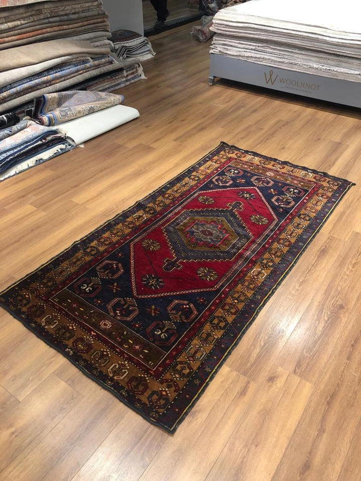 Handmade Turkish Rug (3.77 ft. X 7.54 ft.) (115 cm x 230 cm) - Soft Wool Original Yahyali Rug, Housewarming Gift, Blue and Red Rug