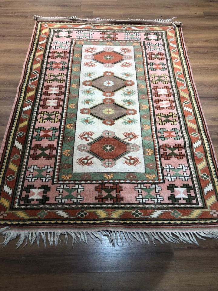 Antique Anatolian Milas Rectangle Rug (4.92 ft. X 6.56 ft.) (150 cm x 200 cm) - Handwoven Vintage Kilim in Vibrant Pink and Red with Geometric Design